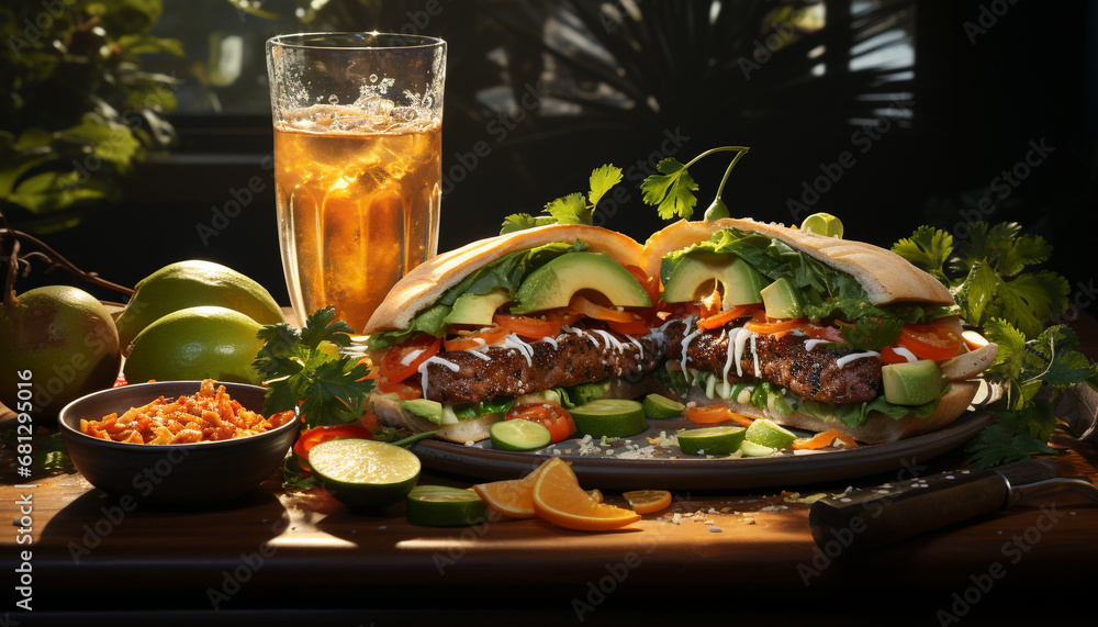 Grilled beef steak, fresh tomato, guacamole, and refreshing drink generated by AI