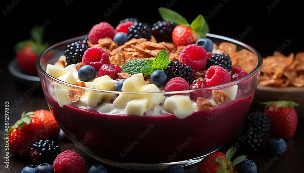 Fresh berry parfait with Greek yogurt, granola, and mint leaf generated by AI