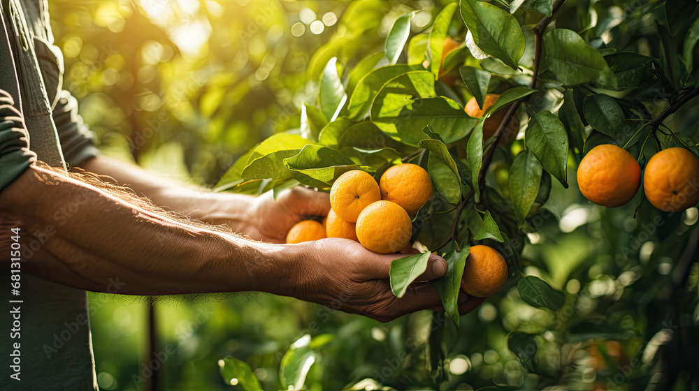 male farmer picking ripe tangerines from orange tree in garden