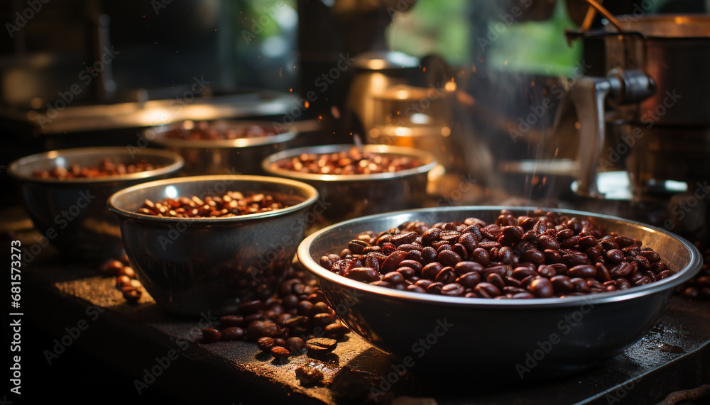Freshly ground coffee beans release a dark, intoxicating aroma generated by AI