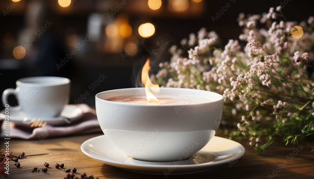 Cozy wood table, candle flame, hot coffee, comfortable relaxation generated by AI