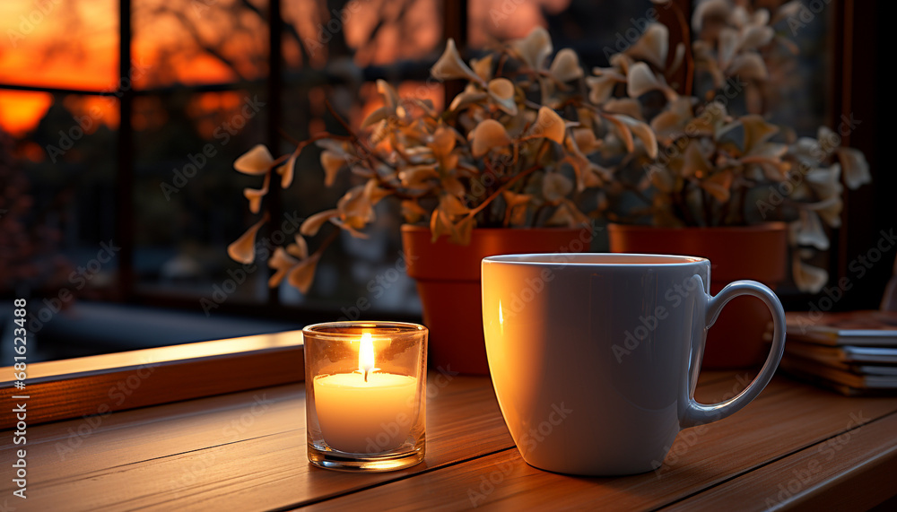 Cozy night candle flame, coffee cup, book, comfortable table generated by AI