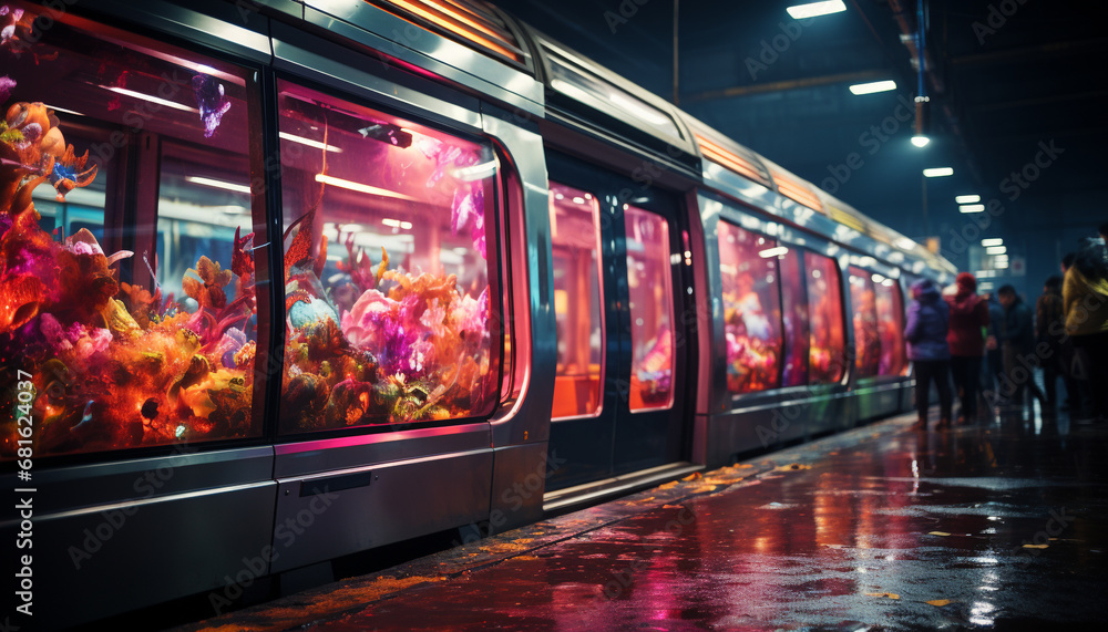 Subway train speeds through underground, illuminating modern city life generated by AI