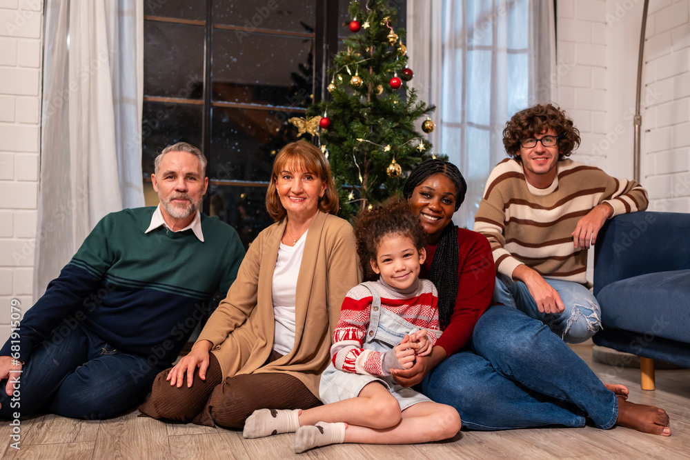 Portrait of Multi-ethnic big family celebrate Christmas party in house. 