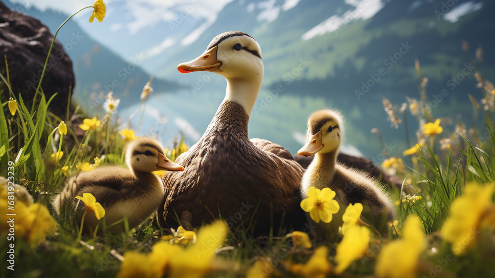 Mother duck with chicks in the mountains
