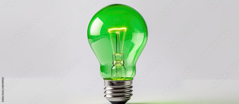 In a white space, a green lamp with a glass lightbulb glows, radiating vibrant colors against the simple background, symbolizing energy savings in photography while promoting the use of