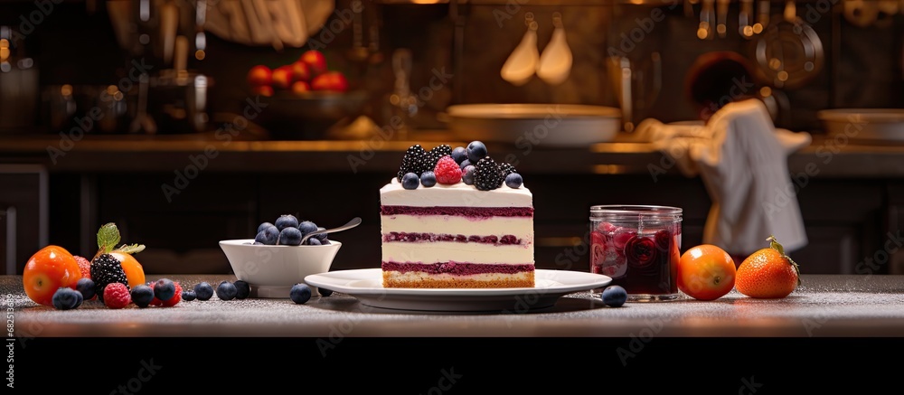 In the busy kitchen, a skilled chef elegantly plated a blueberry cake atop the table, surrounded by an assortment of fruits, creating a mouthwatering dessert for a gourmet dinner.