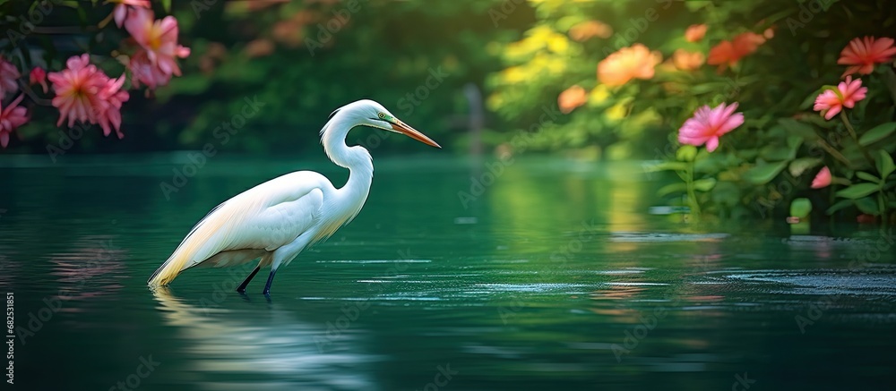 In the midst of summer, the white egret gracefully glided over the shimmering turquoise waters of the lake in the tropical park, its pinkish feather contrasting against the lush greenery, creating a
