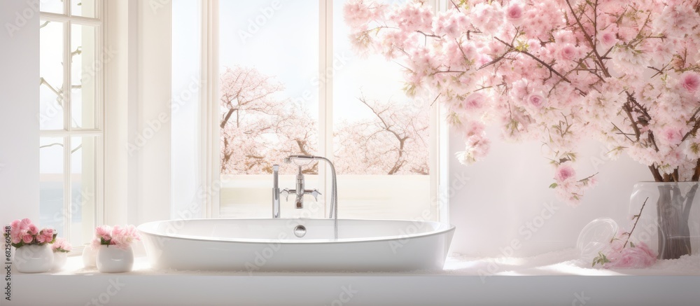 In the pure white bathroom of their luxurious home spa, surrounded by lush green nature and the scent of spring flowers, they enjoyed a refreshing shower, followed by a soothing, pink-hued massage