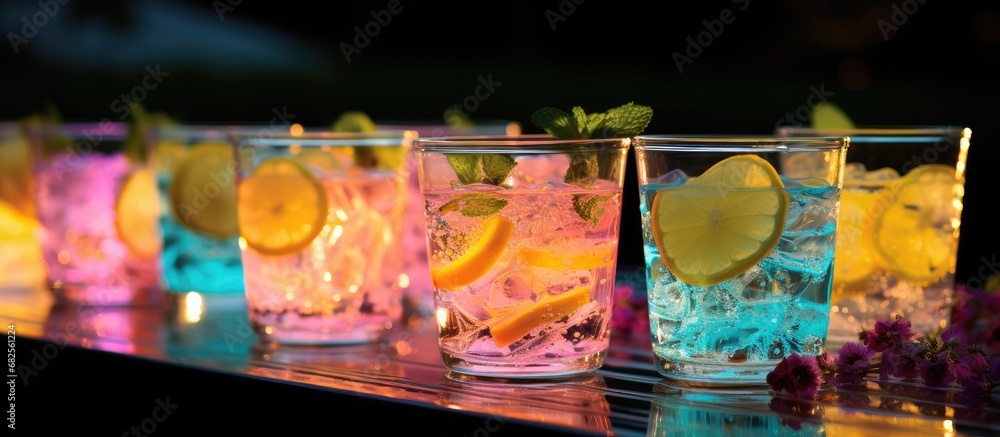 At the summer party, surrounded by vibrant colored decorations and glowing lights, guests raised their glasses of icy cocktails, each drink garnished with a squeeze of lemon and a splash of cool water