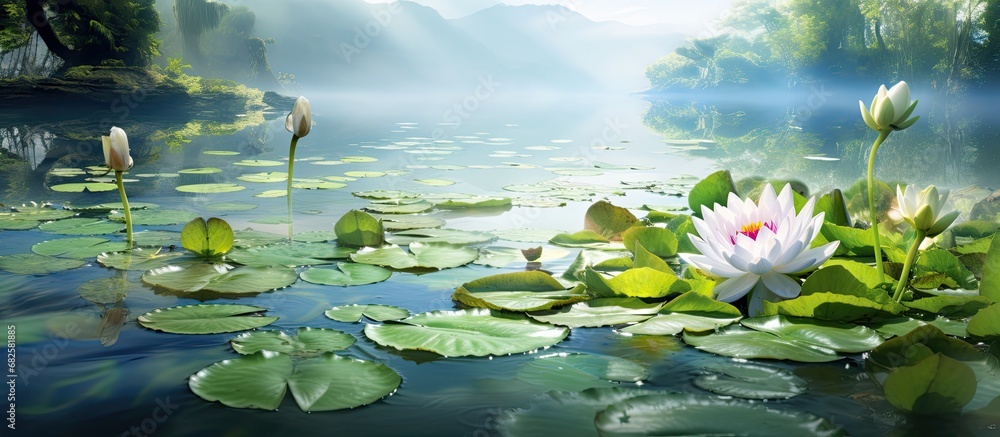 In the enchanting gardens of Europe, where the vibrant green of summer blankets the land, a Nympaea flower blooms, its beauty reflected in the tranquil waters of a lake, a symbol of natures
