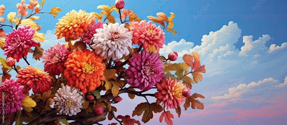 In the beautiful backdrop of nature, against a colorful mosaic of blue skies and leaves in vibrant red and autumn hues, a white chrysanthemum bud blooms into a stunning floral bouquet, adding a touch