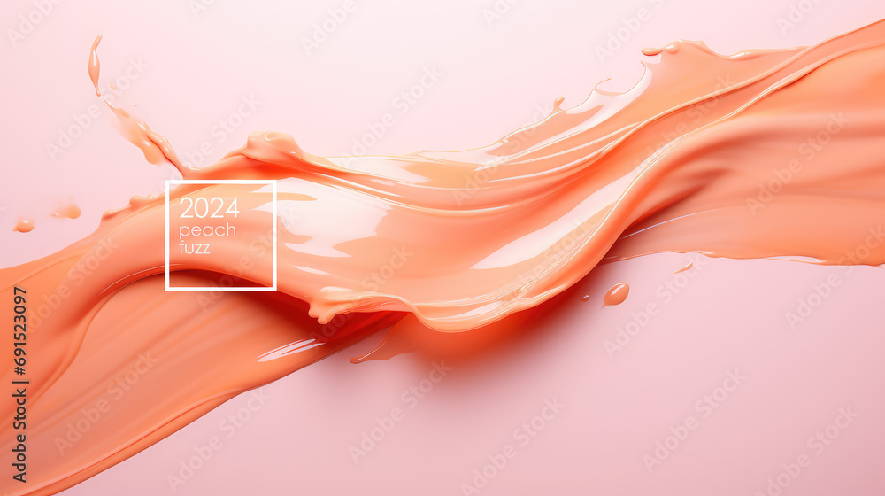 Cosmetic cream in peach fuzz color, trend of 2024 year. Close-up detail of a smear of cream or lipst